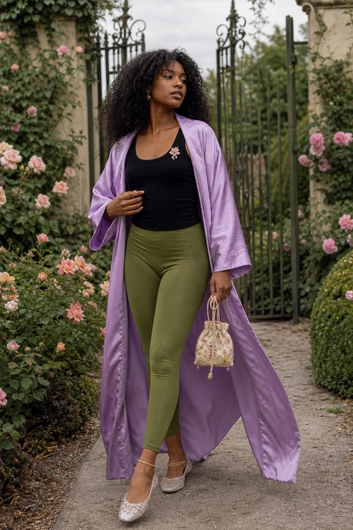 Lavender Robe and Olive Leggings Outfit A woman wears a lavender satin robe over a black sleeveless top and olive green leggings with floral flats and a beaded drawstring handbag.