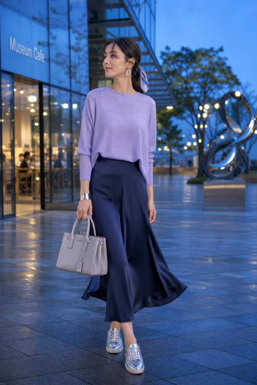 Lavender Top with Navy Satin Skirt A woman wears a lavender long-sleeve top with a flowing navy satin skirt, silver sneakers, and a light gray tote bag.