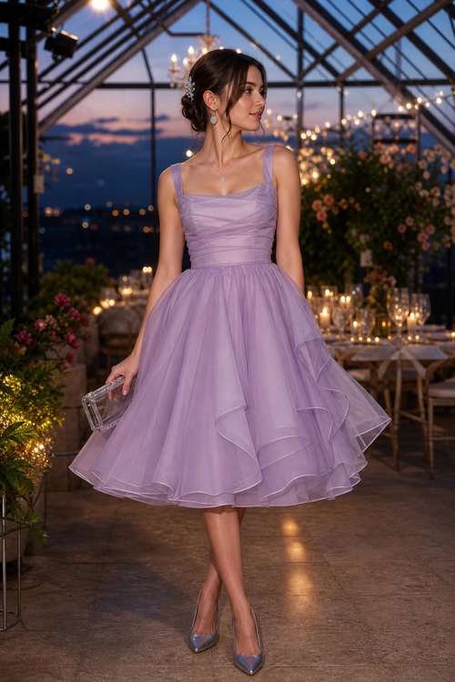 Woman wearing a lavender sleeveless tulle midi dress with layered skirt, pointed heels, and a clear clutch.
