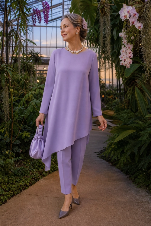 A woman wears a lavender asymmetrical tunic with matching trousers, pointed heels, a gathered clutch, and a pearl necklace in a conservatory garden.