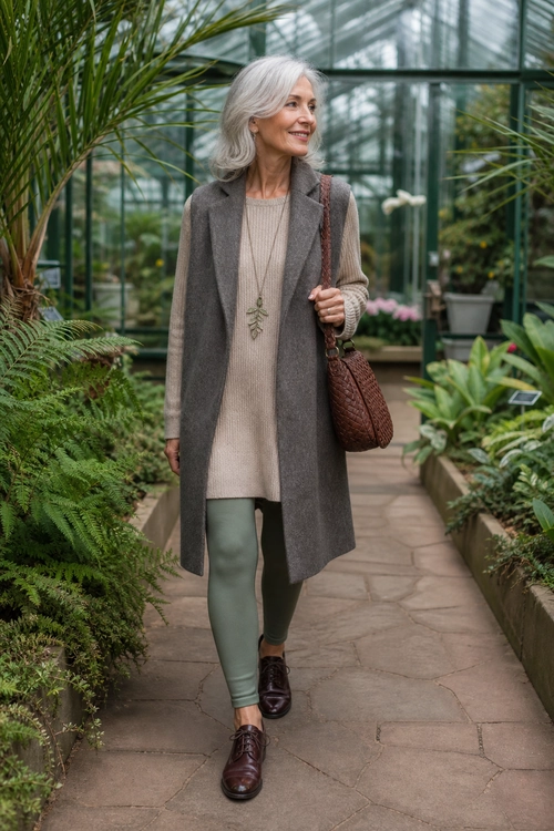 A woman wears a long gray sleeveless vest over a beige knit top with sage green leggings, brown lace-up shoes, and a woven shoulder bag in a greenhouse.