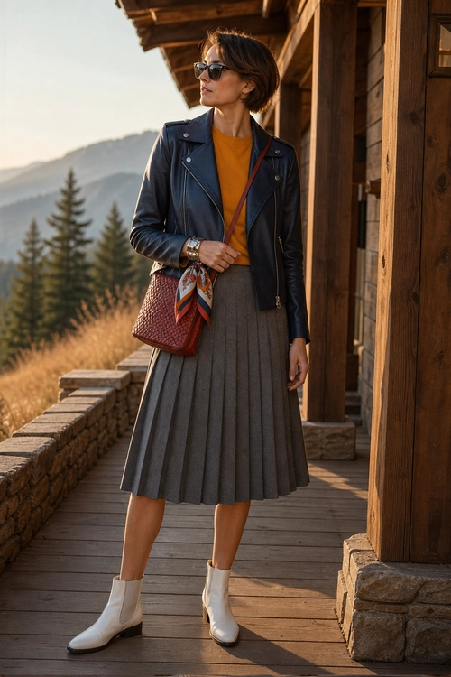 Leather Jacket and Pleated Skirt Outfit A woman wears a black leather jacket over a mustard top with a gray pleated midi skirt, white ankle boots, sunglasses, and a burgundy shoulder bag.