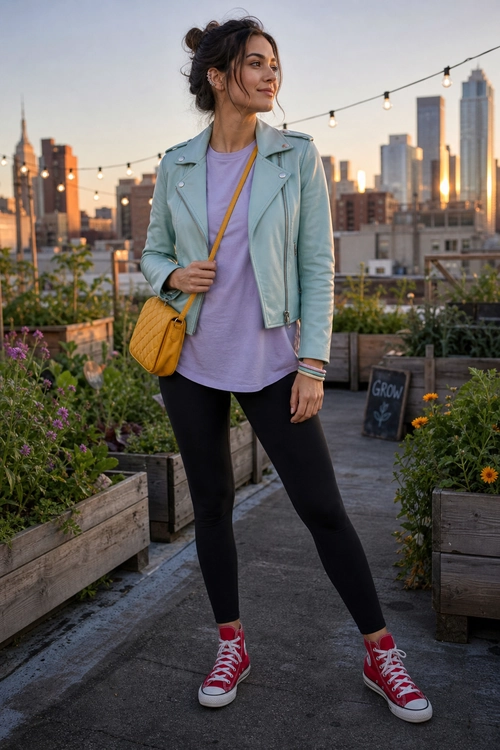 Light Blue Jacket and Red Sneakers Outfit A casual outfit featuring a light blue moto jacket, lavender T-shirt, black leggings, red high-top sneakers, and a mustard quilted crossbody bag.