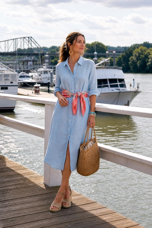 Light Blue Shirt Dress A woman wears a light blue button-front shirt dress with a coral scarf belt, woven tote, and beige wedge sandals by the water.