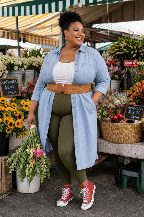 A woman wears a light blue long shirt over a white tank top with olive leggings, a woven brown belt, and red high-top sneakers.