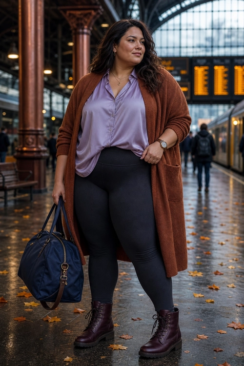 A woman wears a lilac blouse, rust-brown long cardigan, black leggings, burgundy lace-up boots, and carries a navy duffel bag.