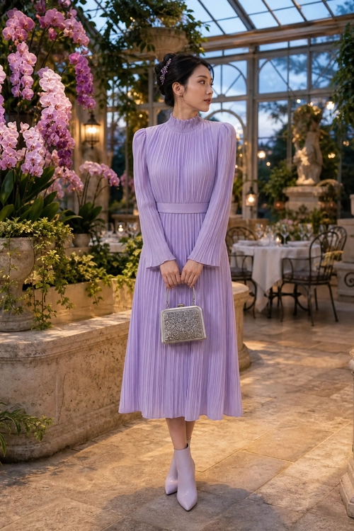 Lilac Pleated Midi Dress Outfit A woman wearing a lilac pleated long-sleeve midi dress with matching ankle boots and a silver clutch in a glasshouse garden.