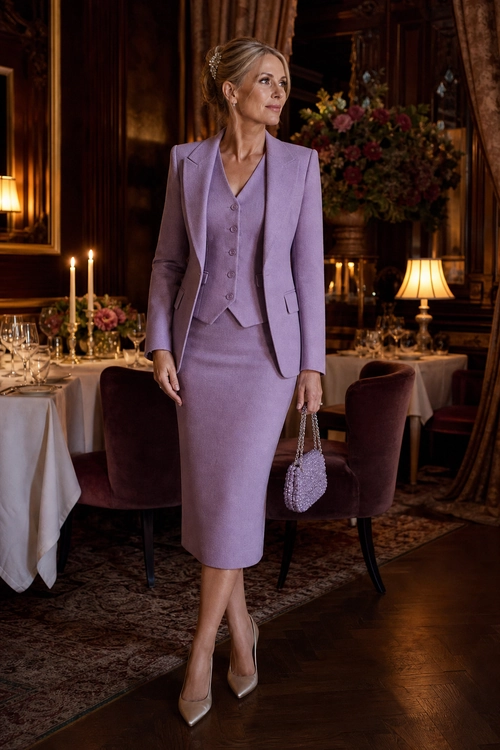 A woman wears a lilac tailored blazer, buttoned waistcoat, and pencil skirt with pointed pumps and a small beaded handbag.