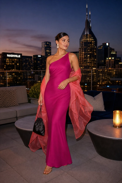 Magenta One-Shoulder Evening Dress A woman wears a magenta one-shoulder evening dress with a sheer coral wrap, black handbag, dangling earrings, and strappy heels on a rooftop.