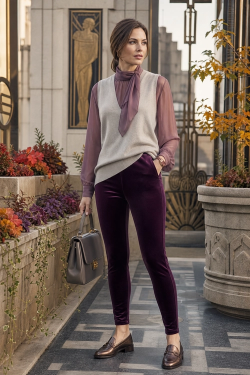 A polished outfit featuring a mauve tie-neck blouse, beige sweater vest, plum slim trousers, brown loafers, and a structured dark handbag.