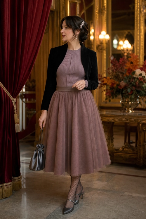 A woman wears a mauve ribbed midi dress with a black blazer, patterned tights, pointed heels, and a small black drawstring bag.