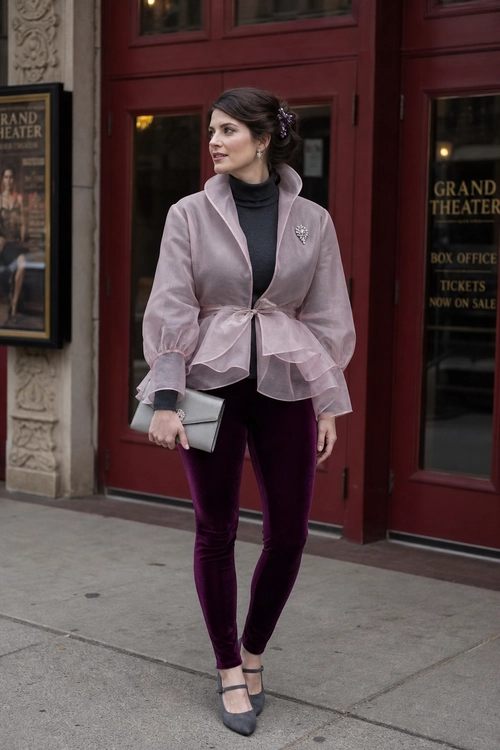 A woman wears a mauve sheer peplum jacket over a dark turtleneck with burgundy slim pants, Mary Jane heels, and a silver clutch.