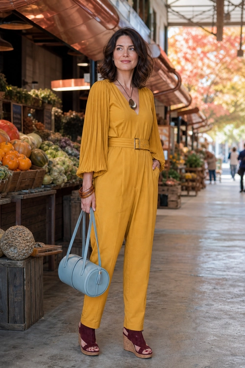 Mustard Belted Jumpsuit Outfit A mustard yellow belted jumpsuit with pleated sleeves is styled with burgundy wedge sandals, a light blue shoulder bag, and a pendant necklace.