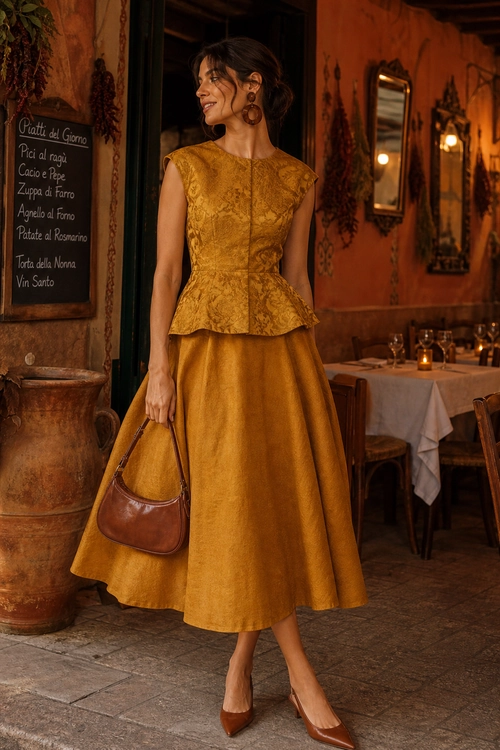 Mustard Brocade Peplum Skirt Set Woman wearing a mustard brocade peplum top with a matching midi skirt, brown leather shoulder bag, hoop earrings, and pointed pumps.