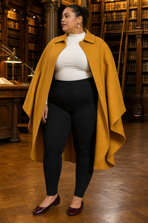 A woman wears a mustard cape coat over a cream ribbed turtleneck, black leggings, and burgundy ballet flats.
