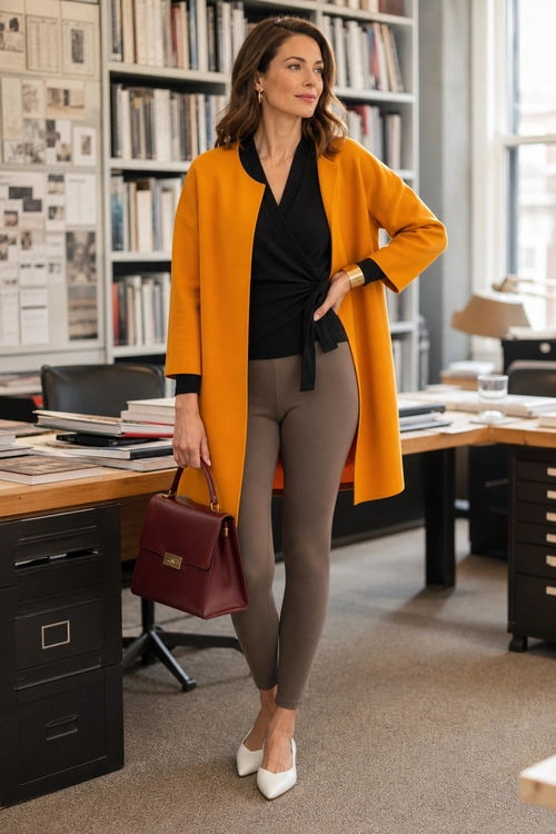 A woman wears a mustard long cardigan over a black wrap top with taupe slim trousers, white pointed shoes, and a burgundy handbag.