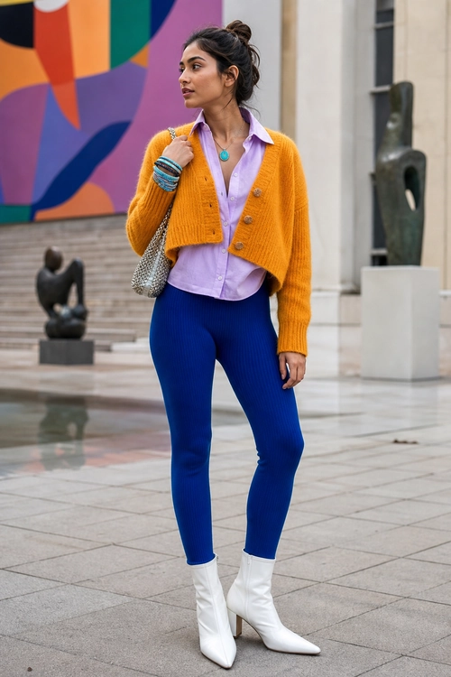 A woman wears a mustard cropped cardigan over a lavender shirt with bright blue fitted trousers and white ankle boots.