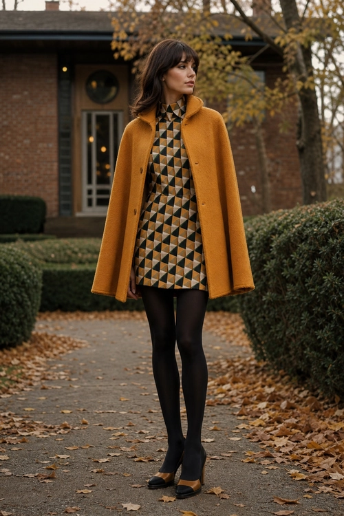 Mustard Coat and Geometric Dress A woman wears a mustard coat over a geometric patterned dress with black tights and flat shoes.