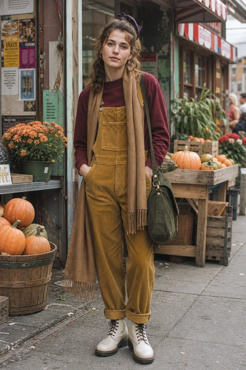 Mustard Corduroy Overalls Outfit A woman wears mustard corduroy overalls over a burgundy top with a long tan scarf, white lace-up boots, and a dark green shoulder bag.