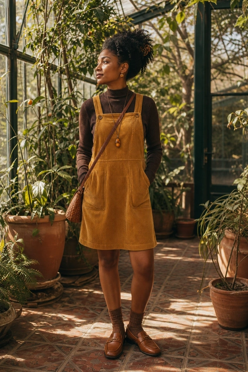 Mustard Corduroy Pinafore Outfit A woman wears a mustard corduroy pinafore dress over a brown turtleneck with brown socks, leather shoes, and a woven crossbody bag.