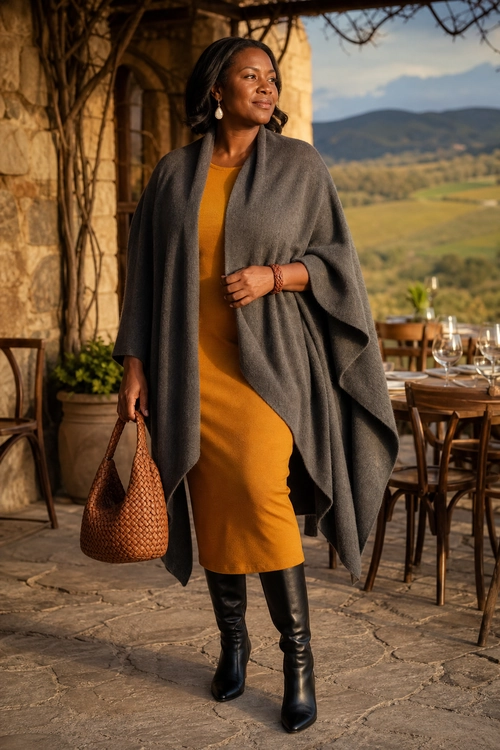 Mustard Dress with Gray Draped Cape A woman wears a mustard midi dress with a draped charcoal gray cape, black knee-high boots, and a brown woven handbag.