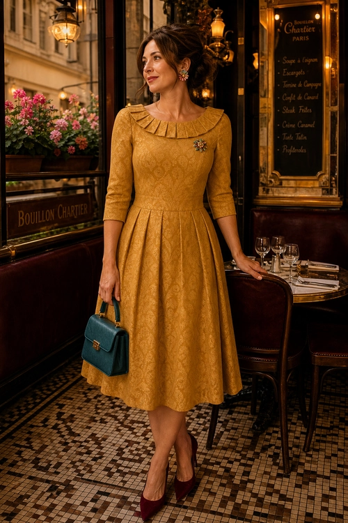 Woman wearing a mustard gold patterned dress with a ruffled collar, teal handbag, floral brooch, and burgundy pumps.