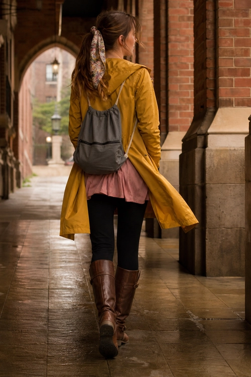 A mustard yellow hooded coat layered over a pink top with black leggings, brown knee-high boots, and a gray drawstring backpack.