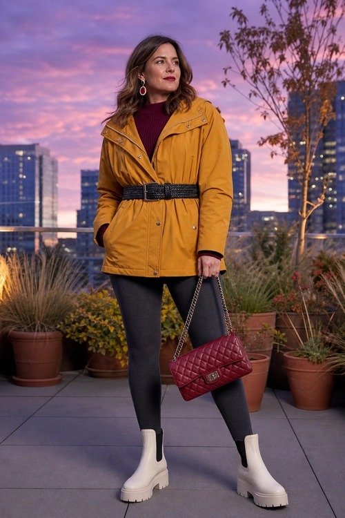 A woman wears a mustard yellow belted jacket over a burgundy turtleneck with black leggings, white platform boots, and a burgundy quilted shoulder bag.