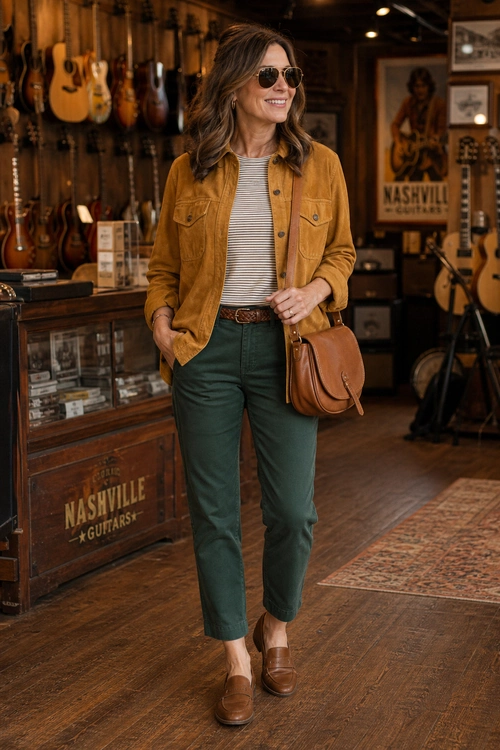 Mustard Jacket and Green Trousers A woman wears a mustard jacket over a striped top with green cropped trousers, brown loafers, a brown shoulder bag, sunglasses, and a belt.