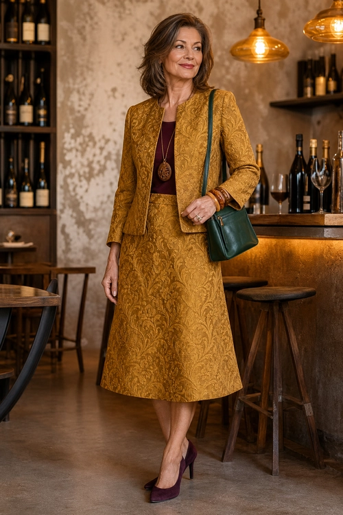 A woman wears a mustard-gold jacquard jacket and midi skirt with a burgundy top, burgundy heels, and a dark green shoulder bag.
