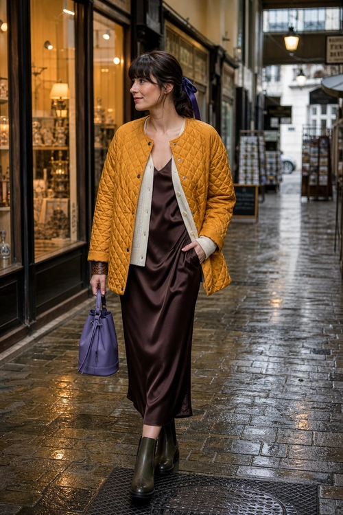 Mustard Quilted Jacket and Satin Midi Dress A woman wears a mustard quilted jacket over a dark brown satin midi dress with dark ankle boots and carries a purple handbag.