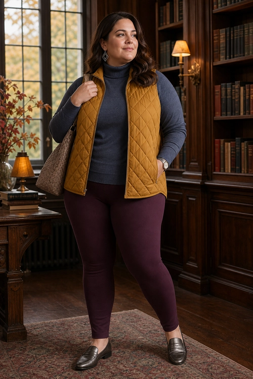 A woman wears a mustard quilted vest over a charcoal turtleneck with burgundy pants and black loafers.