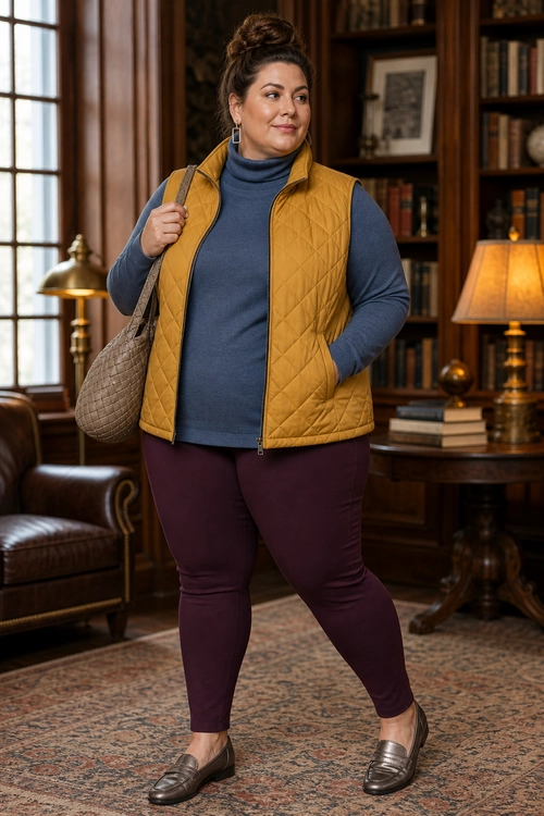 A woman wears a mustard quilted vest over a navy turtleneck with burgundy pants, brown loafers, and a taupe shoulder bag.