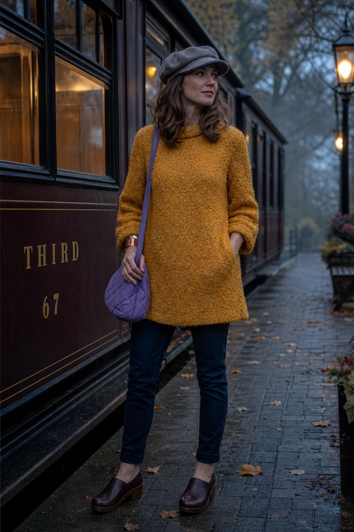 Mustard Sweater and Cap Outfit A woman wears a mustard textured sweater, gray cap, dark slim pants, brown loafers, and a purple quilted shoulder bag.