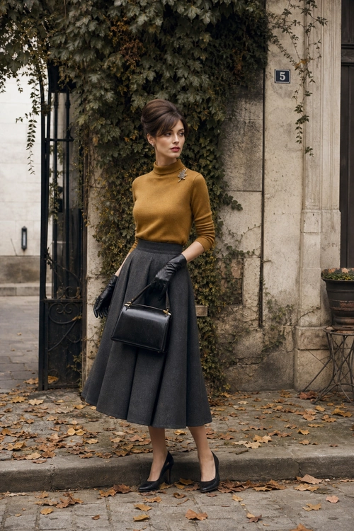 A woman wears a mustard turtleneck sweater, charcoal gray midi skirt, black gloves, black handbag, and black pointed shoes outdoors.