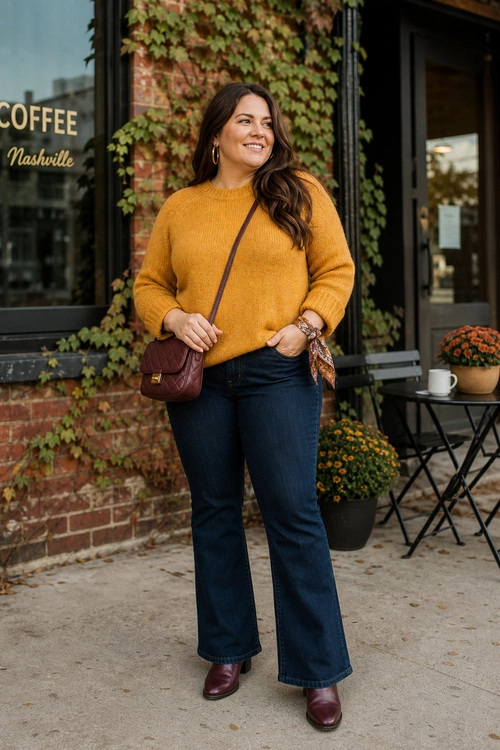 A woman wears a mustard knit sweater with dark wide-leg jeans, burgundy ankle boots, and a burgundy crossbody bag.