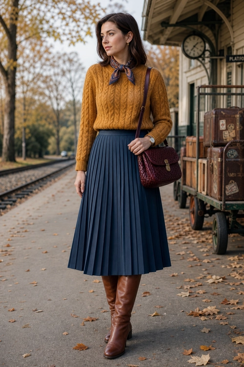 Mustard Sweater and Pleated Skirt Outfit A woman wears a mustard cable-knit sweater with a navy pleated midi skirt, brown knee-high boots, a burgundy shoulder bag, and a patterned neck scarf.