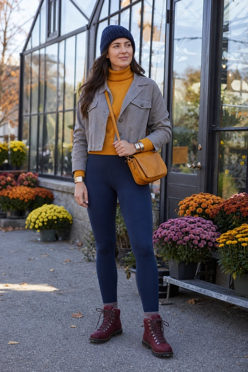 A casual outfit featuring a mustard turtleneck, cropped gray jacket, navy leggings, burgundy lace-up boots, navy beanie, and mustard crossbody bag.