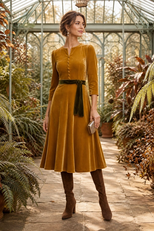 Mustard Velvet Dress with Brown Boots A mustard velvet midi dress with a dark waist belt, brown knee-high heeled boots, and a small metallic clutch.