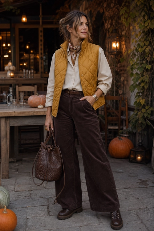 A woman wears a mustard quilted vest over a cream button-down shirt with brown wide-leg trousers, brown lace-up boots, and a textured brown handbag.