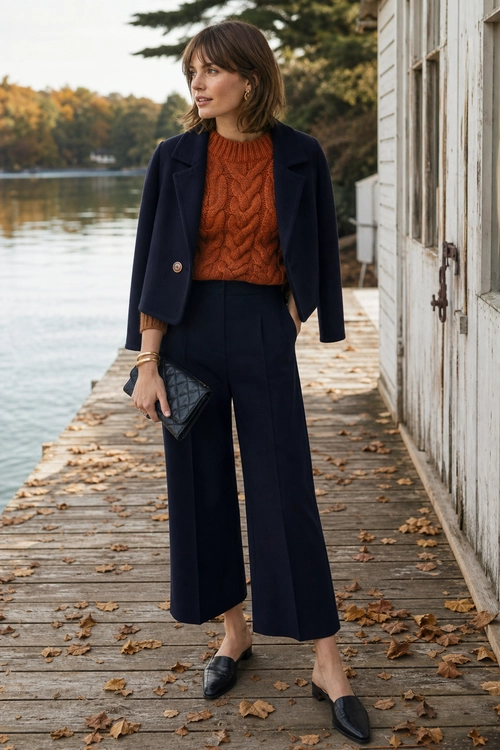 Navy Blazer and Rust Sweater Outfit A polished outfit featuring a navy blazer, rust cable-knit sweater, wide-leg navy trousers, dark loafers, and a quilted clutch.
