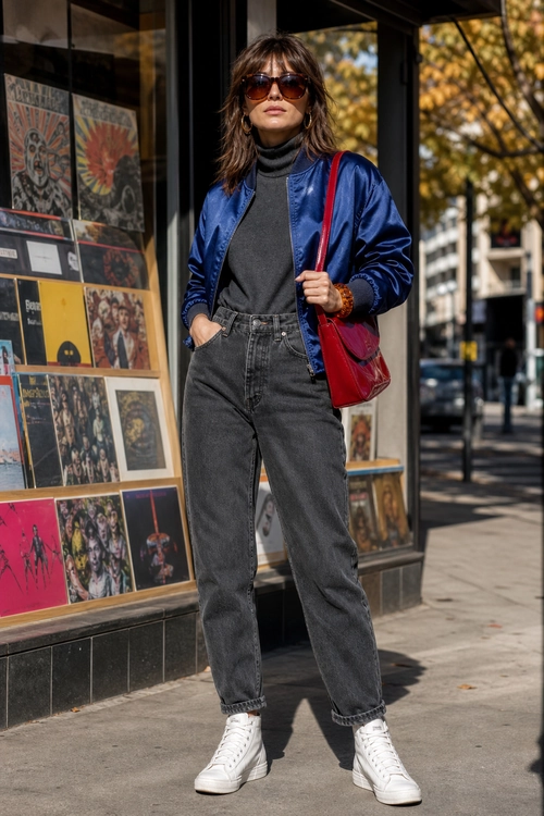 Navy Bomber Jacket and Gray Jeans Outfit Street style outfit featuring a navy bomber jacket, charcoal turtleneck, gray high-waisted jeans, white high-top sneakers, sunglasses, and a red shoulder bag.
