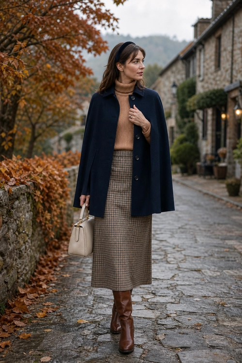 Navy Cape Coat and Checked Skirt Outfit A woman wears a navy cape-style coat over a tan ribbed turtleneck, checked midi skirt, brown knee-high boots, and carries a cream handbag.