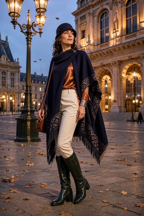 Navy Cape and Cream Trousers Woman wearing a navy fringed patterned cape over a copper blouse, cream trousers, a navy beret, and dark green knee-high boots.