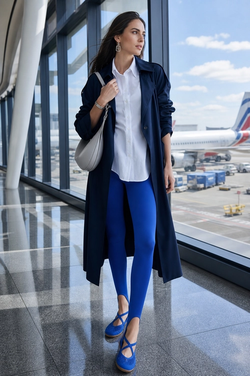 Woman wearing a long navy coat over a white button-up shirt with bright blue fitted pants and matching strappy shoes in an airport terminal.