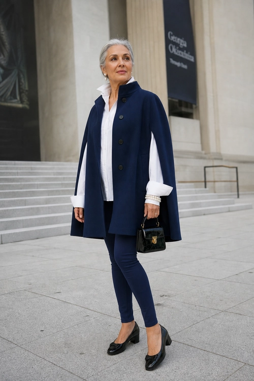A woman wears a navy tailored coat over a white shirt with navy slim trousers, black heeled pumps, and a black handbag.