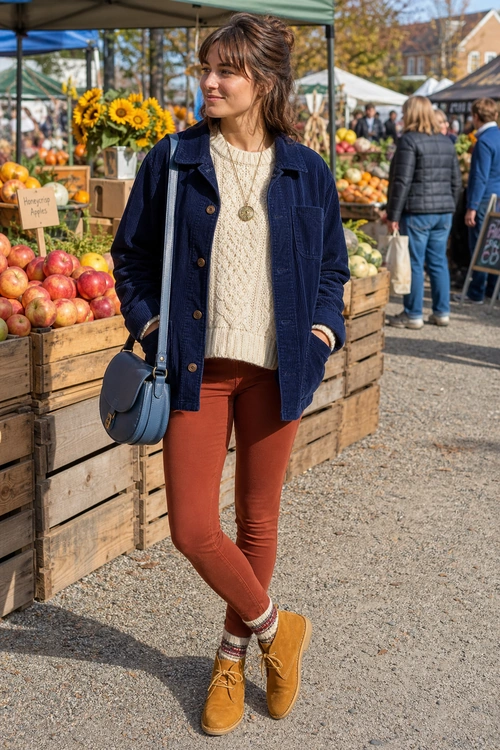 Woman wearing a navy jacket over a cream cable-knit sweater with rust-colored pants, patterned socks, tan ankle boots, and a blue crossbody bag.
