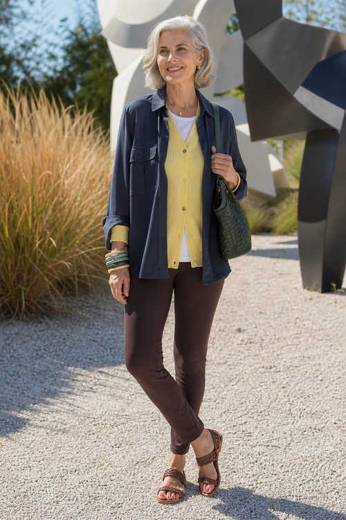 A layered outfit featuring a navy overshirt, yellow cardigan, white top, brown pants, brown sandals, and a green shoulder bag.