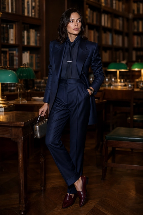 A woman wears a navy tailored blazer, matching trousers and blouse with burgundy pointed-toe ankle boots and a small silver handbag.
