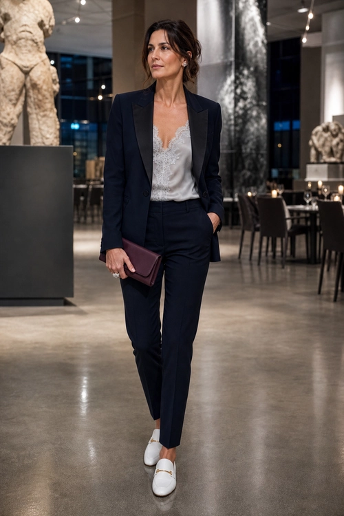 A woman wears a navy blazer and tailored trousers with a light gray lace-trim camisole, white loafers, and a burgundy clutch.